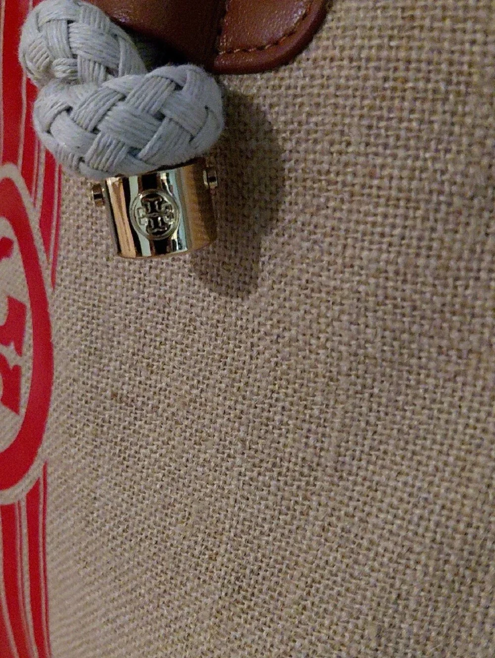 (Rare)Tory Burch Beige Canvas Tote with Red Stripe and Logo